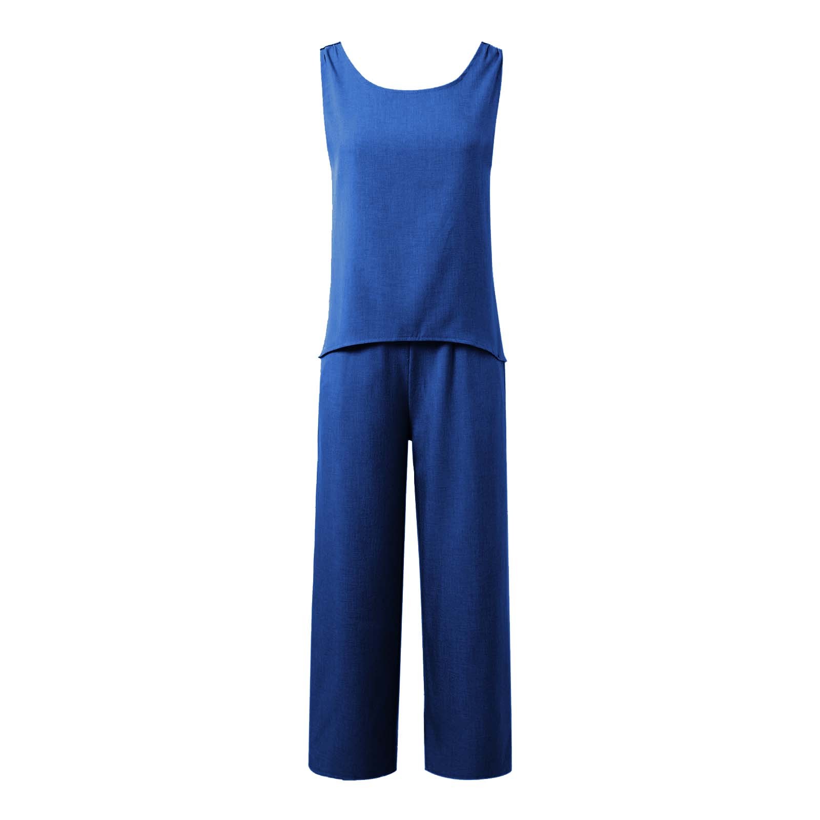 thumbnail image 5 of Conjunto de dos piezas de verano para mujer con chaleco sin mangas de color liso y espalda hueca de encaje - Poliéster, cuello cuadrado, pantalones de pierna ancha - Tallas S-XXL, 5 of 6